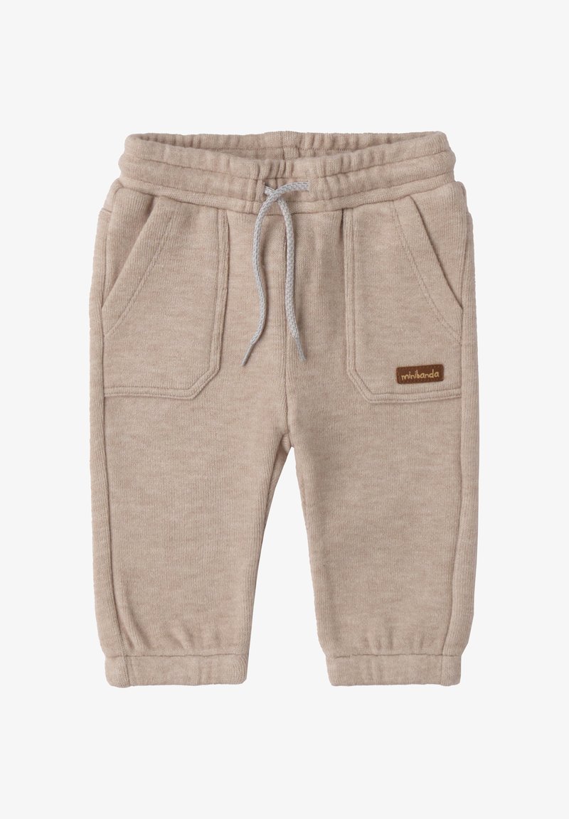 Beige Baumwoll-Sweatpants mit elastischem Bund, Kordelzug und zwei vorderen Taschen. Mit einem kleinen braunen Logosticker.