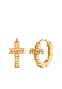 Guldtonede øreringe med et korsdesign; tekstureret med små perleaccent; inkluderer en stud og en hoop stil.