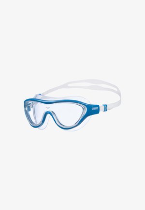 Lunettes de natation avec une lentille transparente et une monture en plastique bleu. Dispose d'une sangle ajustable blanche pour un maintien sécurisé. Surface lisse avec des bords arrondis.
