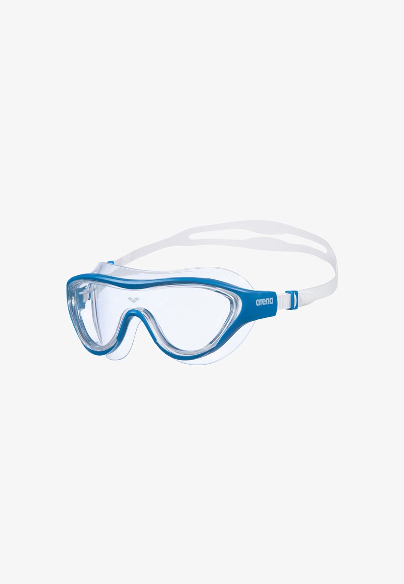 Zwembril met een heldere lens en een blauw plastic frame. Beschikt over een witte verstelbare band voor een veilige pasvorm. Gladde oppervlakte met afgeronde randen.