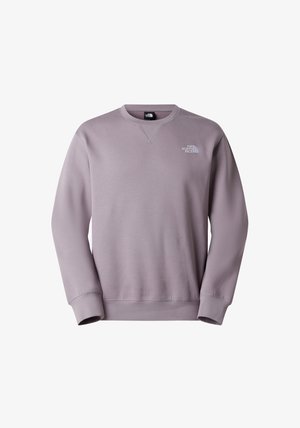 Hellvioletter Pullover mit langen Ärmeln, gerippten Bündchen und Saum, V-Ausschnitt-Detail und einem weiß gestickten Logo auf der Brust. Weiche Textur.