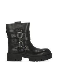 Stivaletto alla caviglia in pelle nera con molteplici cinturini regolabili con fibbie, suola spessa in gomma e finitura lavorata. Caratterizzato da una linguetta posteriore.