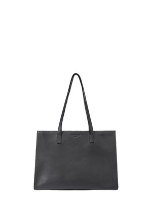 Black rectangular leather tote bag with two long handles against a white background, featuring subtle grain texture and small embossed logo.