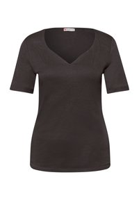 Chemisier marron foncé à manches courtes pour femme, col en V et silhouette ajustée, design unicolore, avec une étiquette Street One à l'intérieur du col.