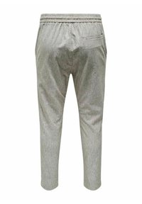 Lichtgrijze gestreepte broek met een elastische tailleband, taps toelopende pijpen, een enkele achterzak en een gestructureerde stof.