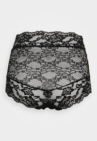 Schwarze Spitzenunterwäsche mit floralem Muster, gewellten Kanten und strukturierter Oberfläche, ausgestattet mit einem weichen Bund und transparentem Design.