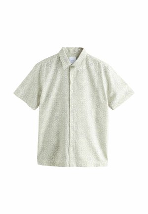 Lühikeste varrukatega nööbitav särk helesinises värvitoonis geomeetrilise mustriga. Valmistatud pehmest kangast, millel on kraega kaelus ja regulaarne lõige.