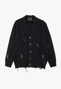 Zwarte gebreide cardigan met een V-hals, zes knopen aan de voorkant, versleten details en geribde boorden en onderrand. Bevat kleurrijke draadaccenten.