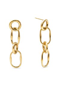 Pendientes en tono dorado que presentan formas ovaladas y circulares interconectadas con un acabado pulido y una textura suave. Fabricados en metal, diseñados con eslabones alargados.