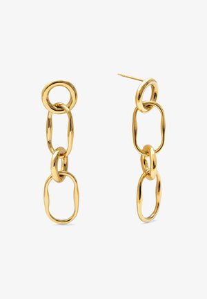 Guldtonede øreringe med sammenkoblede ovale og cirkulære former med en poleret overflade og glat tekstur. Fremstillet af metal, designet med forlængede led.