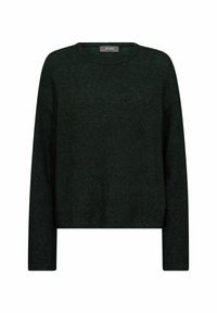 Donkergroene trui met een ronde hals, lange mouwen en een relaxte pasvorm. Gemaakt van textiel met een gestructureerde stof, met subtiele tonale patronen.