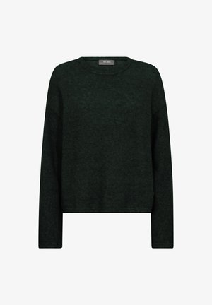 Dark green sweater with a round neckline, long sleeves, and a relaxed fit. Made from textured fabric, featuring subtle tonal patterns.