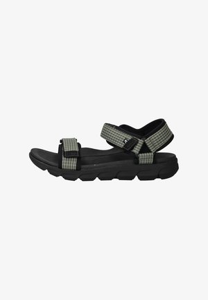 Zwarte sandalen met een textuur bovenkant, voorzien van groene rasterpatronen, verstelbare banden en een comfortabele, gevoerde zool.