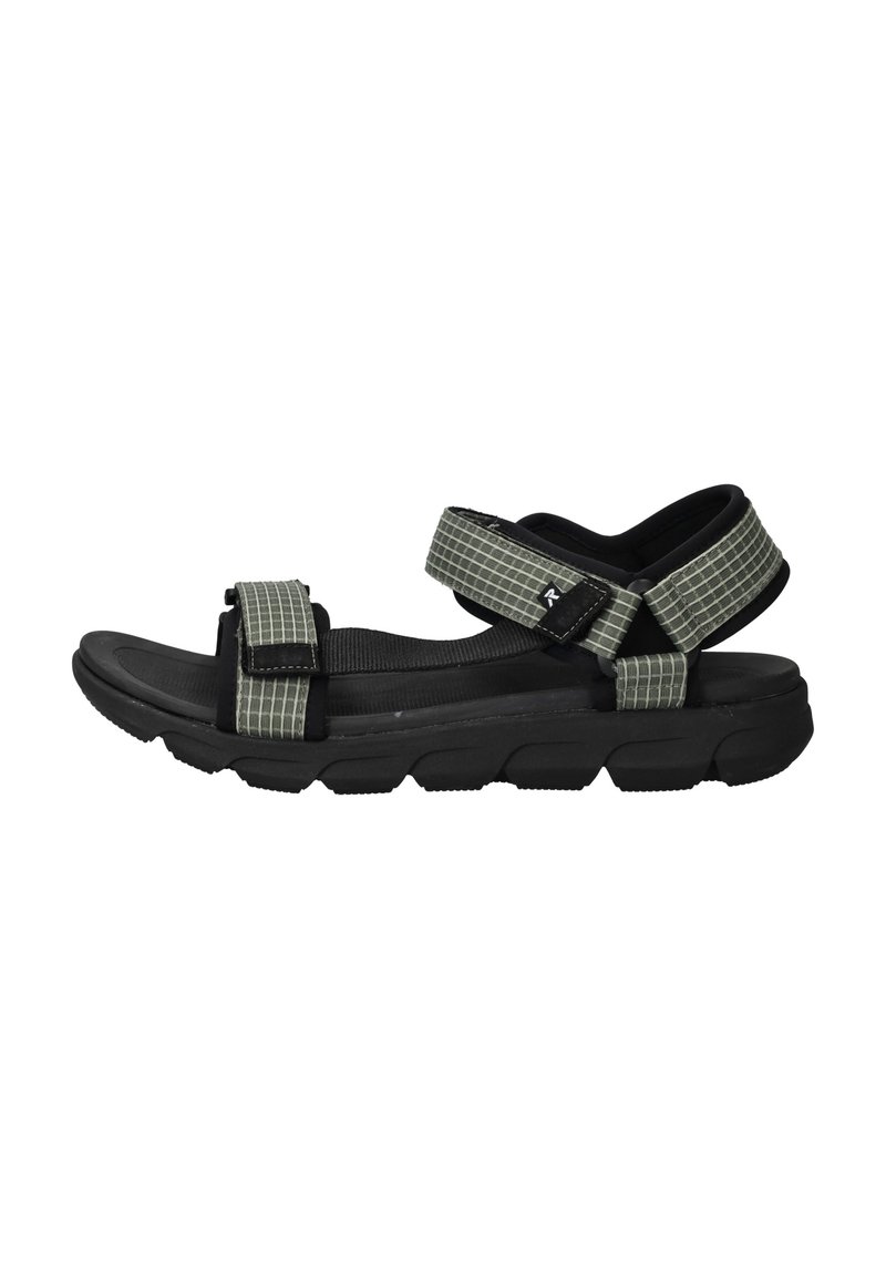 Black sandals with a textured upper featuring green grid patterns, adjustable straps, and a cushioned sole for comfort.