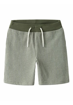 Grønne og hvide vertikale stribede shorts med en ensfarvet grøn elastisk talje og hvid snor foran i midten.