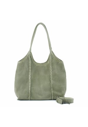 Sac cabas vert olive perforé avec deux poignées et une bandoulière assortie détachable placée à côté.