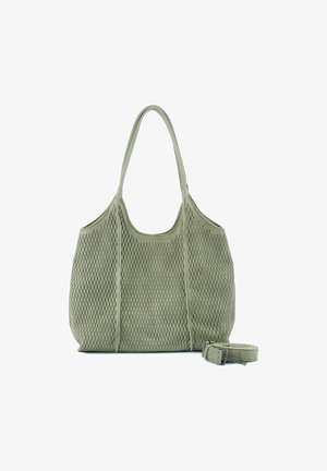Sac cabas vert olive perforé avec deux poignées et une bandoulière assortie détachable placée à côté.