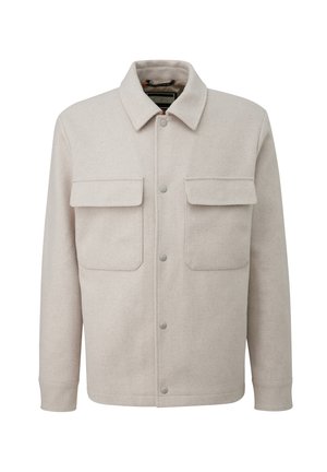 Lichtbeige wollen overhemdjack met lange mouwen, twee voorflapzakken, drukknoopsluiting en klassieke kraag.
