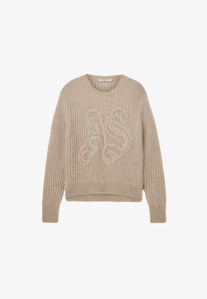 Pull en tricot beige avec lettres en torsade "AS" à l'avant, manches longues, poignets et bas côtelés.