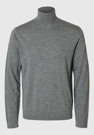 Grå højhalset sweater lavet af blødt strikmateriale med lange ærmer, rund kant og en tætsiddende krave, der har en subtile tekstur.