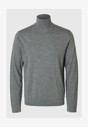 Grauer Rollkragenpullover aus weichem Strickmaterial mit langen Ärmeln, abgerundetem Saum und fittem Kragen, der eine subtile Textur aufweist.