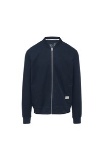 Sweat à zip marine avec un col style bomber, des poignets et un ourlet côtelés, des poches avant, et une petite étiquette près de l'ourlet. Texture douce.