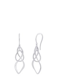 Orecchini a goccia in argento con forme a goccia intrecciate, uno semplice e uno impreziosito da piccole pietre scintillanti, con chiusure ad anello.