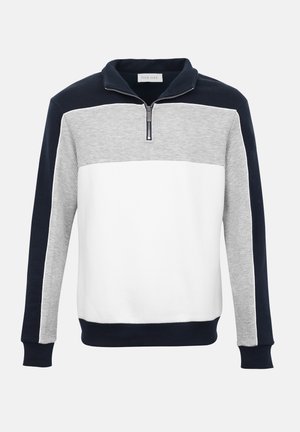 Vyriškas ilgomis rankovėmis pusvytis su ketvirčio užtrauktuku, spalvų blokais tamsiai mėlynos, šviesiai pilkos ir baltos spalvų, su briaunotais rankogaliais ir apačia.