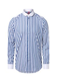Camicia a maniche lunghe in cotone a righe blu e bianche, con abbottonatura frontale, colletto bianco e orlo curvo.