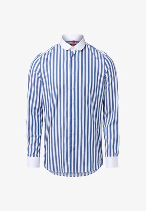Camicia a maniche lunghe in cotone a righe blu e bianche, con abbottonatura frontale, colletto bianco e orlo curvo.