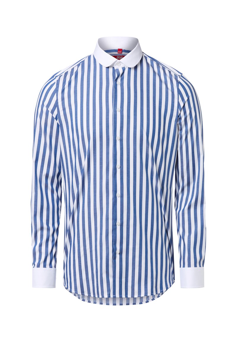 Camicia a maniche lunghe in cotone a righe blu e bianche, con abbottonatura frontale, colletto bianco e orlo curvo.
