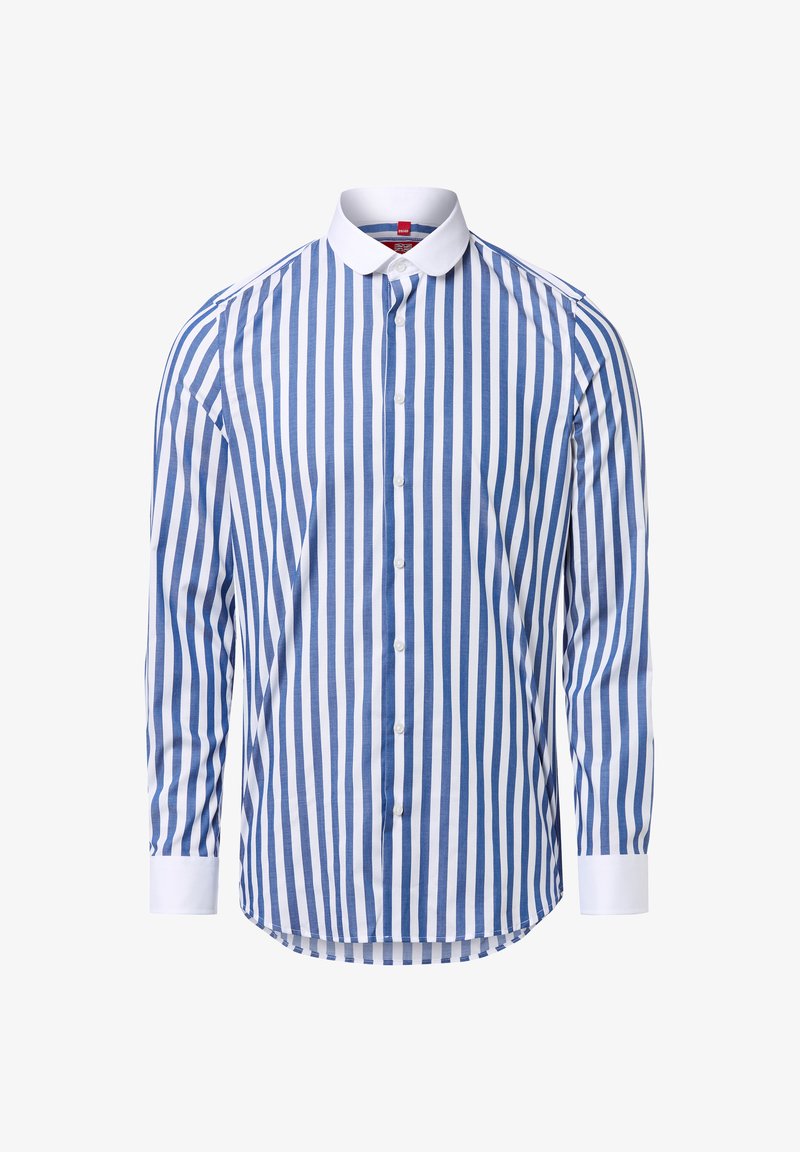 Koszula z długim rękawem w niebiesko-białe paski, wykonana z bawełny, z zapięciem na guziki, białym kołnierzykiem i zaokrąglonym dołem.