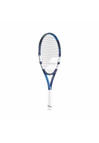 Blau-weiße Tennisschläger mit rundem Kopf, offenem Saitenmuster und strukturiertem weißen Griff. Leichtes Design, das für verschiedene Spieler geeignet ist.
