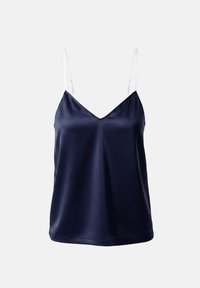 Haut caraco en satin bleu marine avec bretelles spaghetti blanches réglables et encolure en V sur fond uni.