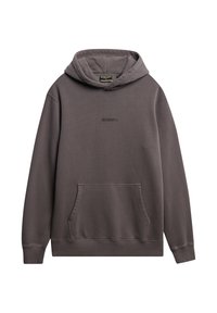 Sudadera marrón de tela suave, con un bolsillo frontal, puños acanalados, capucha con cordón y un logotipo bordado en el pecho.