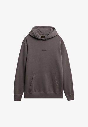 Brown hoodie made of soft fabric, featuring a front pocket, ribbed cuffs, a drawstring hood, and a logo embroidered on the chest.