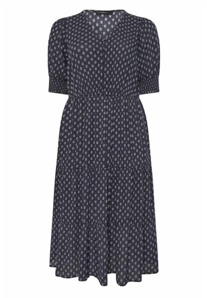 Marineblaues Midikleid mit weißem Blumenmuster, kurzen Puffärmeln, elastischem Taillenbund, geknöpftem Ausschnitt und gestuftem Rock.