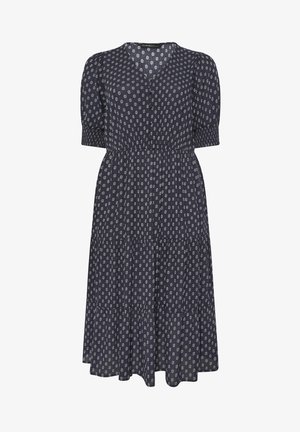 Marineblaues Midikleid mit weißem Blumenmuster, kurzen Puffärmeln, elastischem Taillenbund, geknöpftem Ausschnitt und gestuftem Rock.
