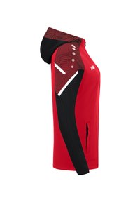 Rote Sportjacke mit schwarzen Akzenten, Kapuze und gemustertem Schulterdesign. Verfügt über Reißverschlusstaschen und weiße Details an den Ärmeln.