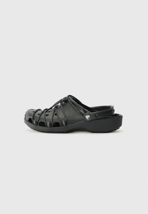 Black closed-toe sandal made of rubber with cut-out design, textured upper, elastic laces, and a logo detail on the side.