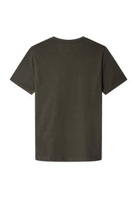 T-shirt in cotone verde oliva con maniche corte, collo rotondo e retro semplice. Il tessuto ha una texture liscia, senza motivi o decorazioni visibili.