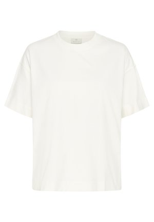 Hvid kortærmet t-shirt lavet af blød bomuld, med en løs pasform, rund halsudskæring og minimal syning.