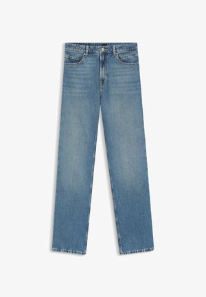 Jeans in denim azzurro chiaro con taglio a gamba dritta, design a cinque tasche, chiusura con bottoni e leggero scolorimento su tutto il tessuto.