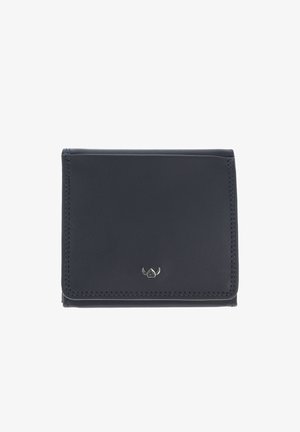 Portefeuille compact en cuir noir avec couture soignée et petit logo argenté centré sur le rabat avant inférieur.