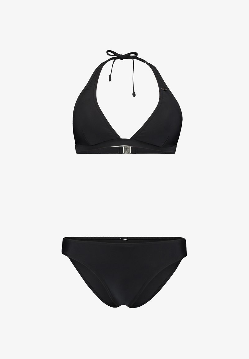 Černý bikiny set obsahující trojúhelníkový halter top s uvazováním a metalickým akcentem, ve spojení s odpovídajícími nízko stojícími bikiny.