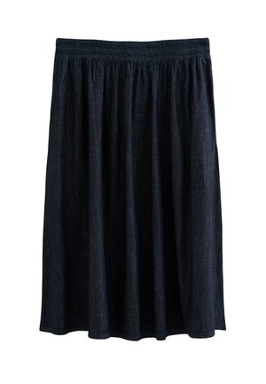 Jupe bleu foncé longueur genou avec taille élastique froncée et texture de tissu douce et fluide.