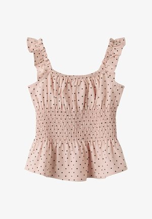 Blouse rose sans manches à pois noirs, taille élastique froncée, bretelles volantées et ourlet évasé.
