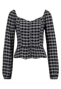 Crop top a scacchi bianco e nero con maniche lunghe a sbuffo e scollatura quadrata, dotato di chiusura frontale con bottoni e vita peplum.