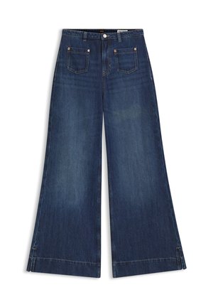 Donkere blauwe wijd uitlopende jeans met hoge taille, steekzakken aan de voorkant, knoopsluiting en subtiele vervaging op de dijen en onderbenen.
