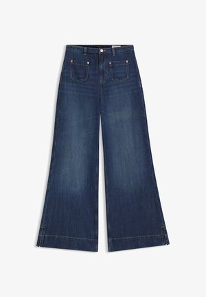 Donkere blauwe wijd uitlopende jeans met hoge taille, steekzakken aan de voorkant, knoopsluiting en subtiele vervaging op de dijen en onderbenen.